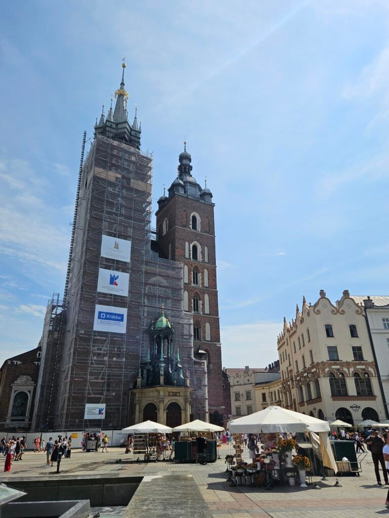 St Mary's Basilica in Kraków's Main Market Square, known for its colourful interior and hourly trumpet call