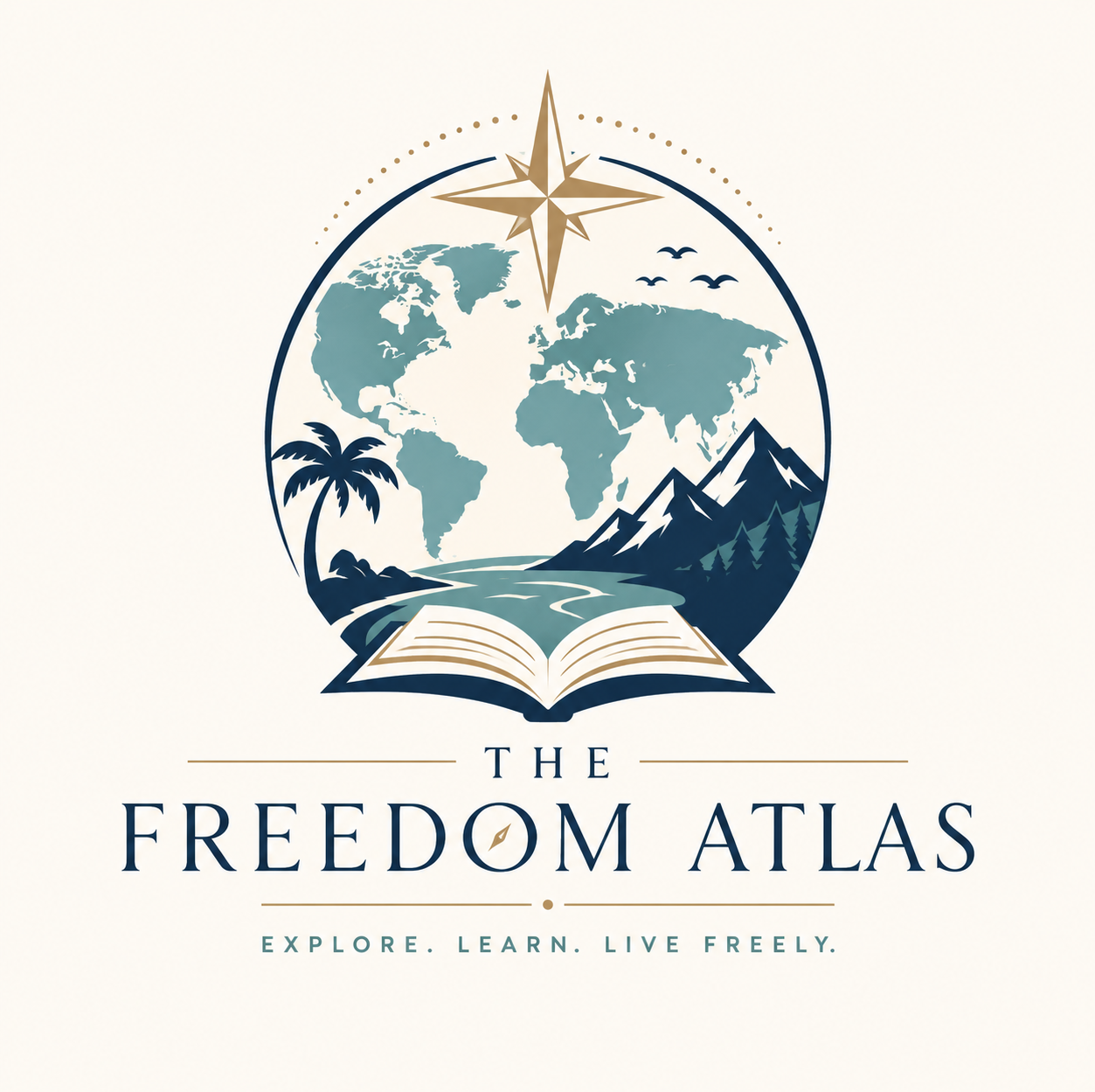 The Freedom Atlas logo: a compass rose above a globe framed by palm trees and mountains, rising from an open book