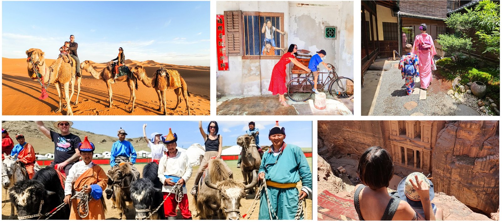 Family travel moments across five countries: camel trekking in the Sahara, street art in Penang, riding with herders in Mongolia, walking Kyoto in kimono, and overlooking the Treasury in Petra