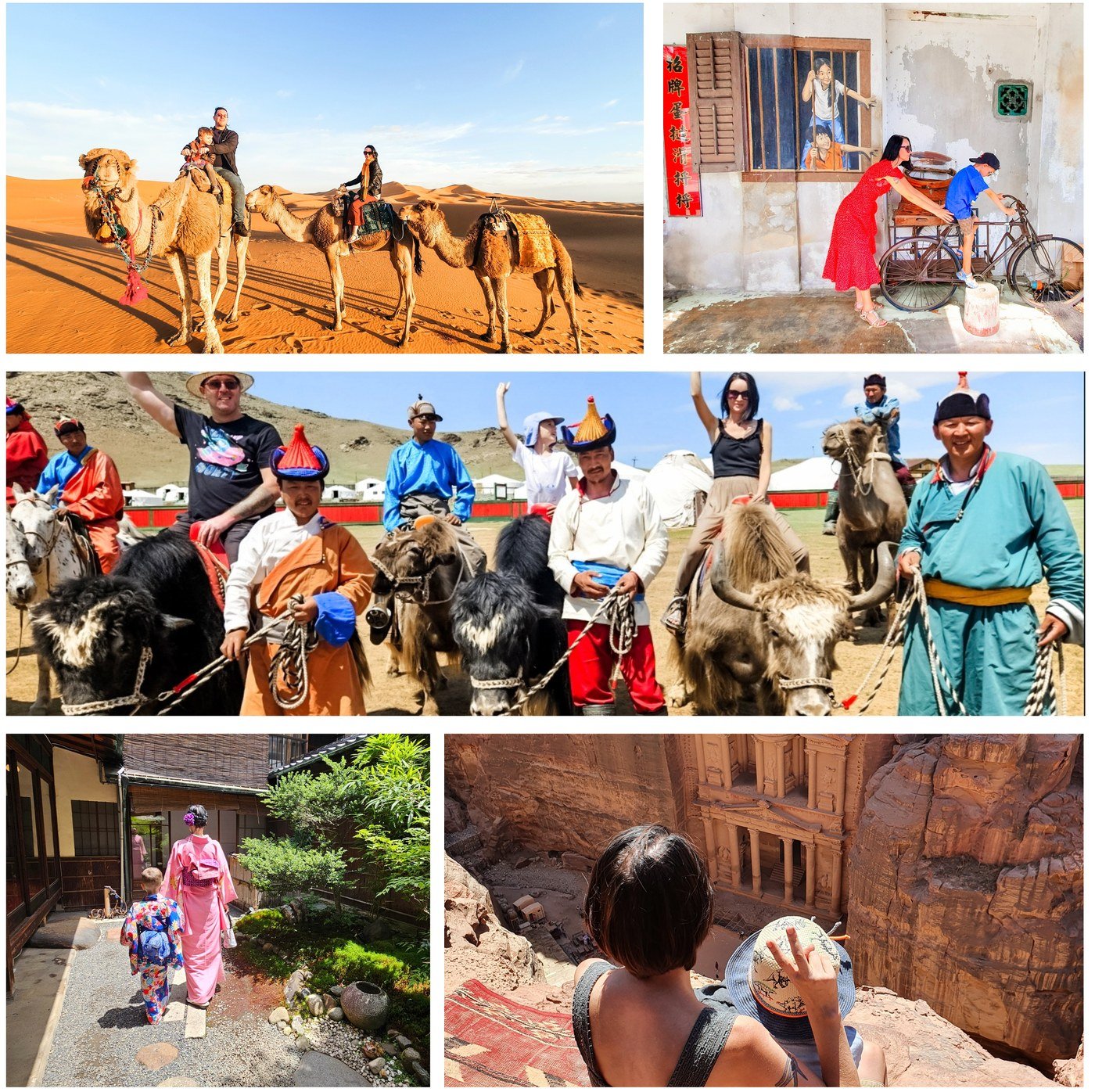 Family travel moments across five countries: camel trekking in the Sahara, street art in Penang, riding with herders in Mongolia, walking Kyoto in kimono, and overlooking the Treasury in Petra
