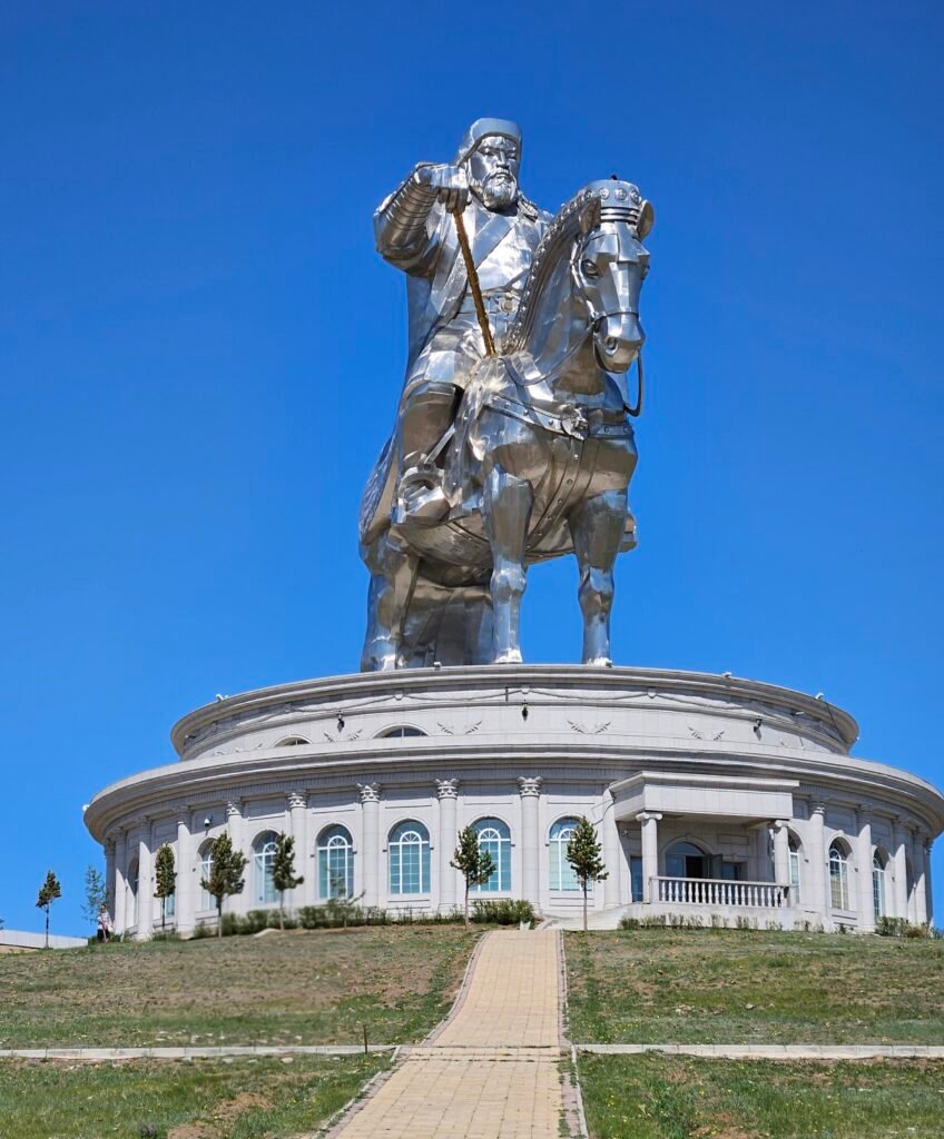 Dressed up in traditional Mongolian costume at the Chinggis Khaan Statue Complex
