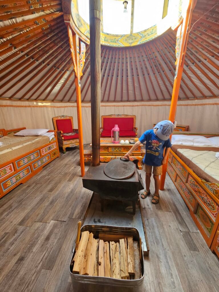 Wood-burning stove inside a traditional ger