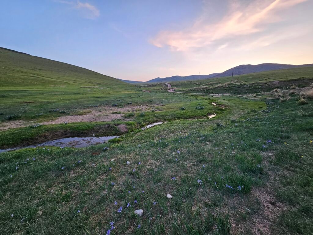 Mongolian ger camp at dusk