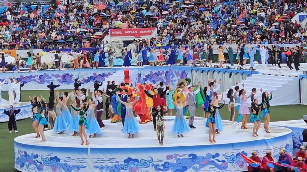 Performers and horses at the Naadam opening ceremony
