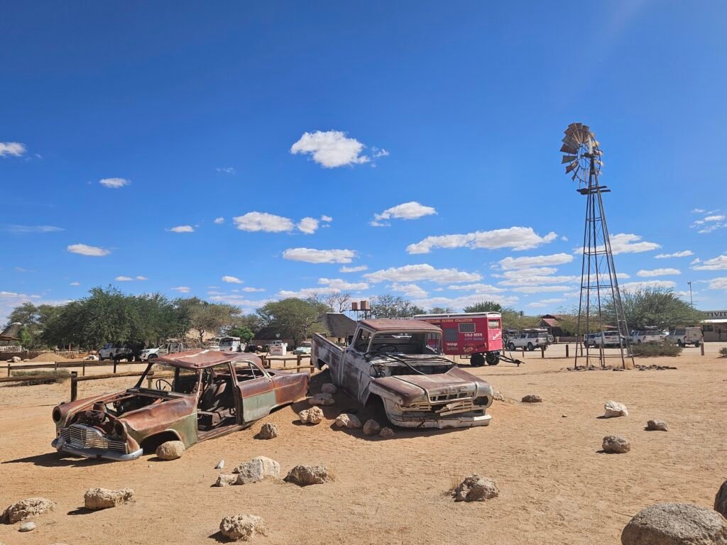 Family stopping for the famous apple pie at Solitaire, Namibia