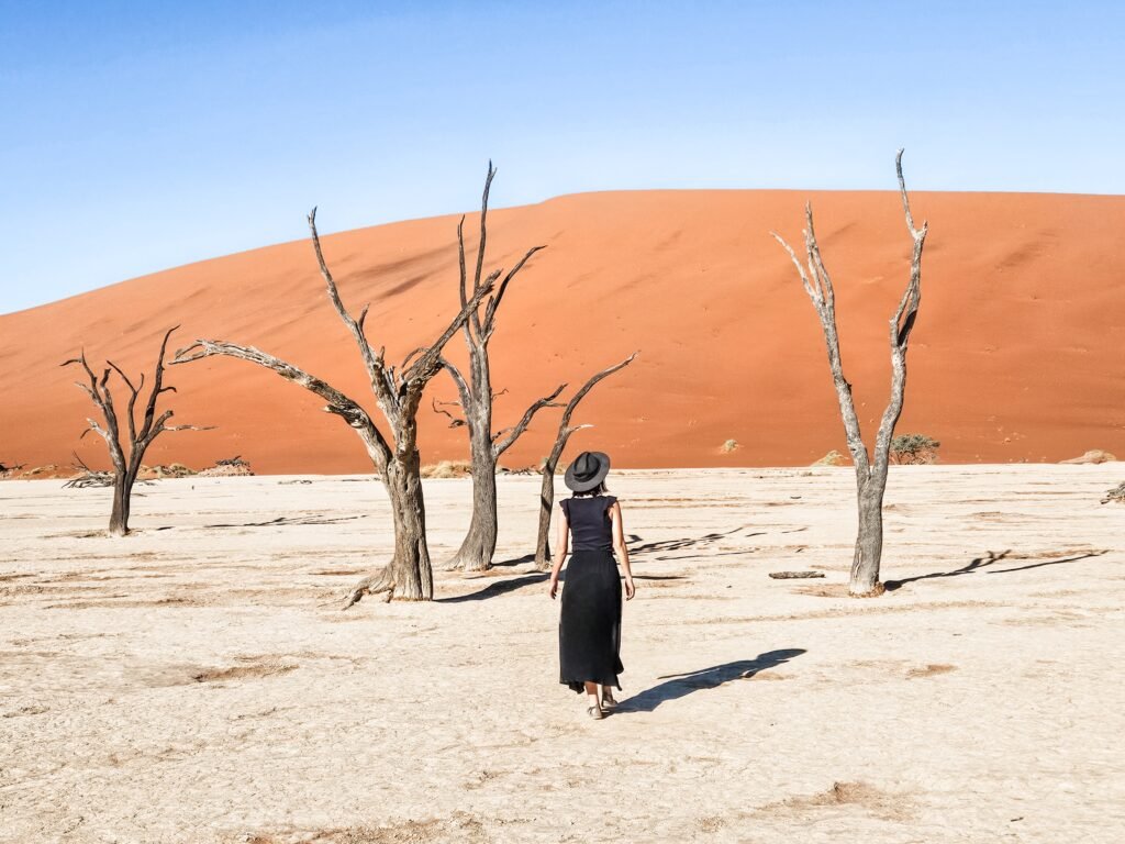 Child looking out over the red dunes near Sossusvlei, Namibia