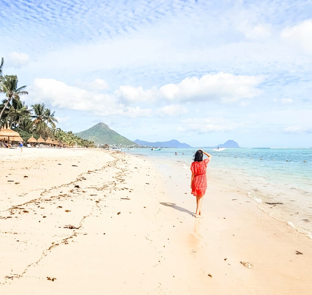 Flic en Flac Beach lagoon in Mauritius with calm, shallow water