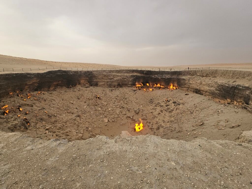 Flames glowing from the Darvaza Gas Crater, also known as the Door to Hell
