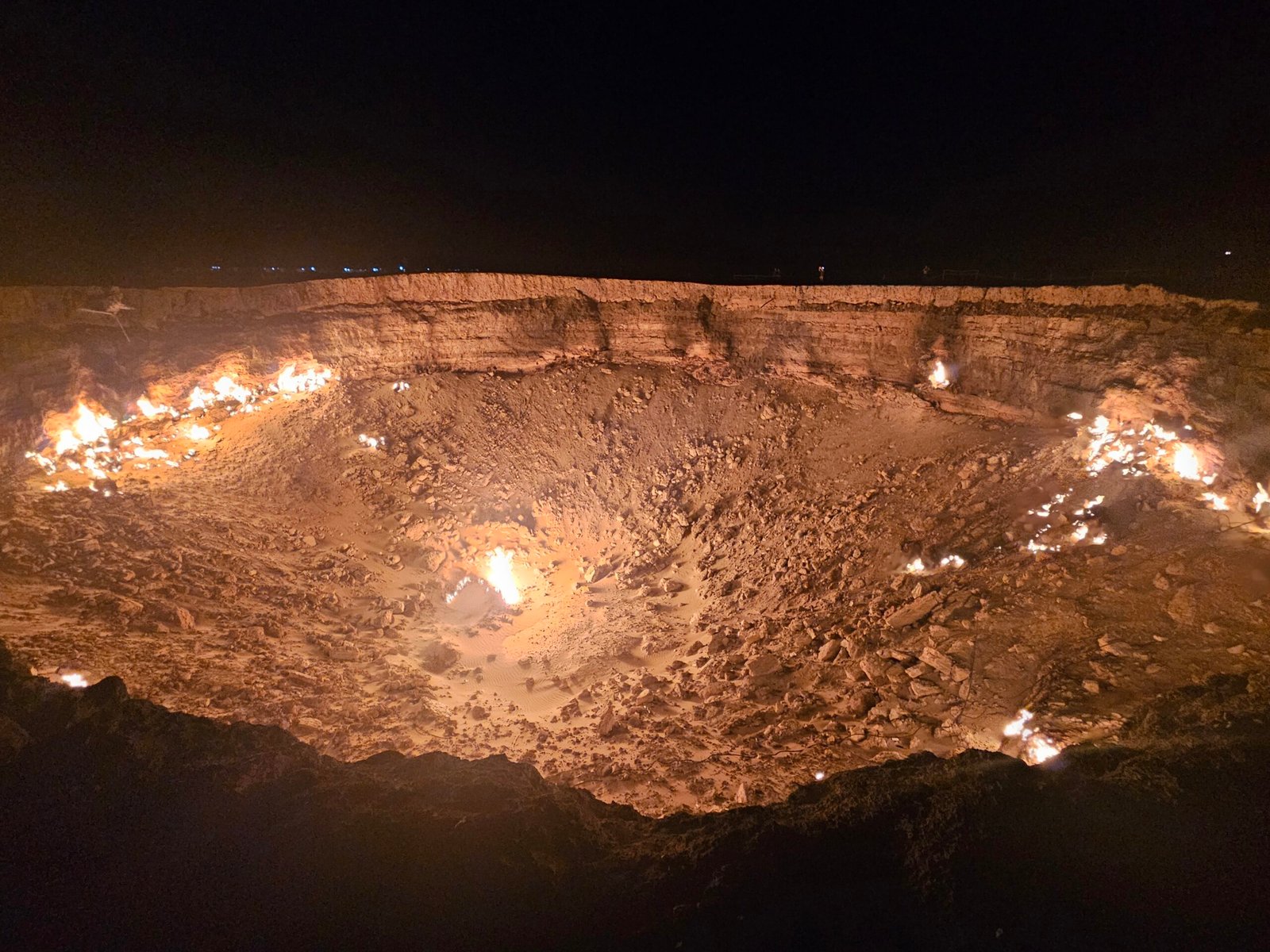 Darvaza Gas Crater burning at night in the Turkmenistan desert