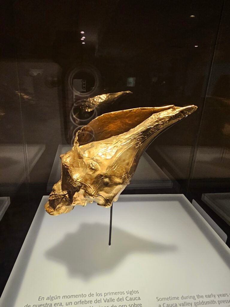 Close-up of an ancient gold nose ornament at the Gold Museum, Bogotá