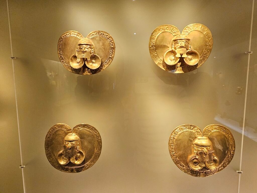 Pre-Columbian gold pectoral ornaments on display at the Gold Museum, Bogotá