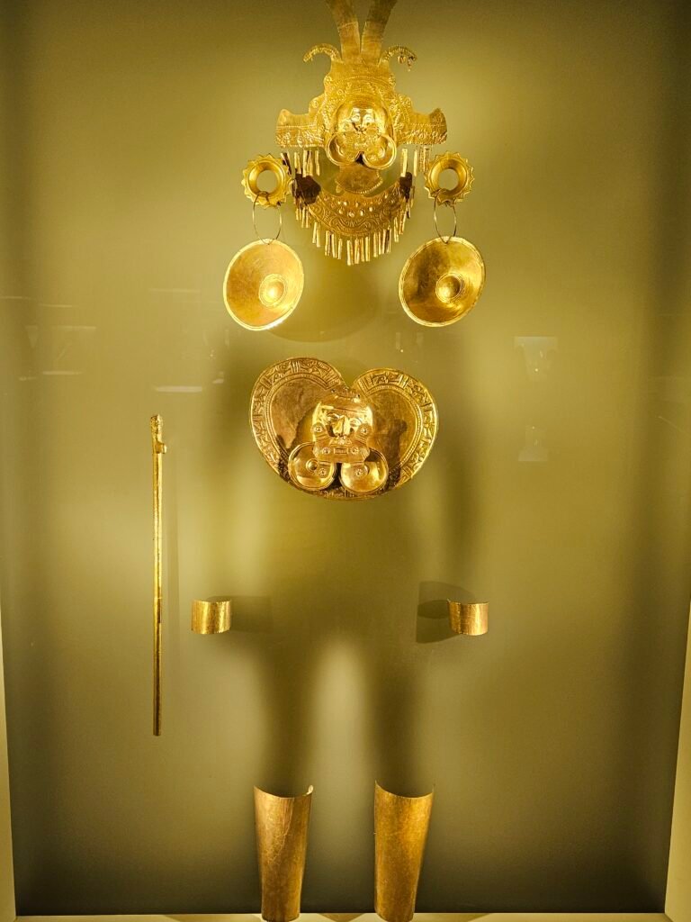 Gold ceremonial headdress and regalia on display at the Gold Museum, Bogotá