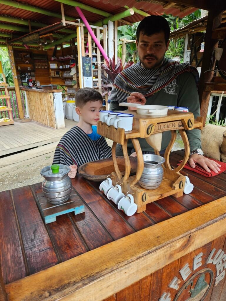 Father and son taking part in a coffee cupping and tasting session at a Salento finca