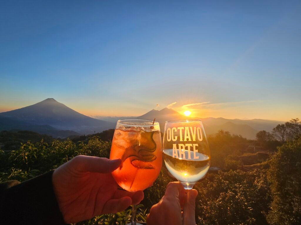 Sunset over the volcanoes seen from Hobbitenango near Antigua