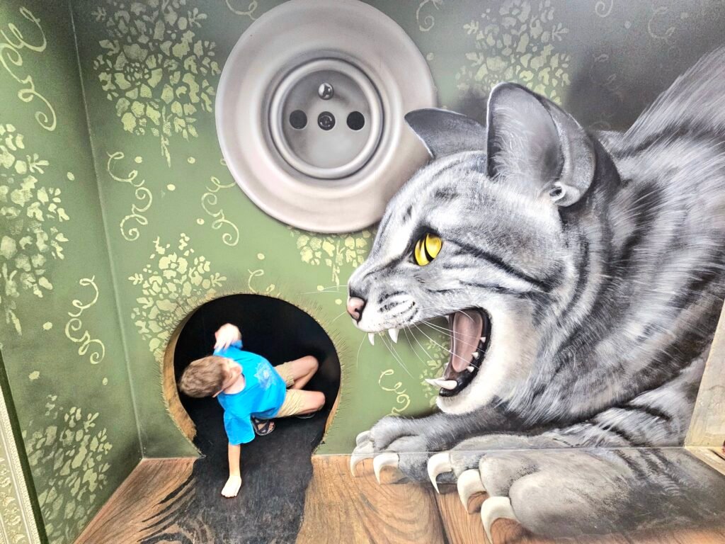 Boy posing inside a 3D illusion painting of a giant cat at the Museum of Fantastic Illusions in Prague