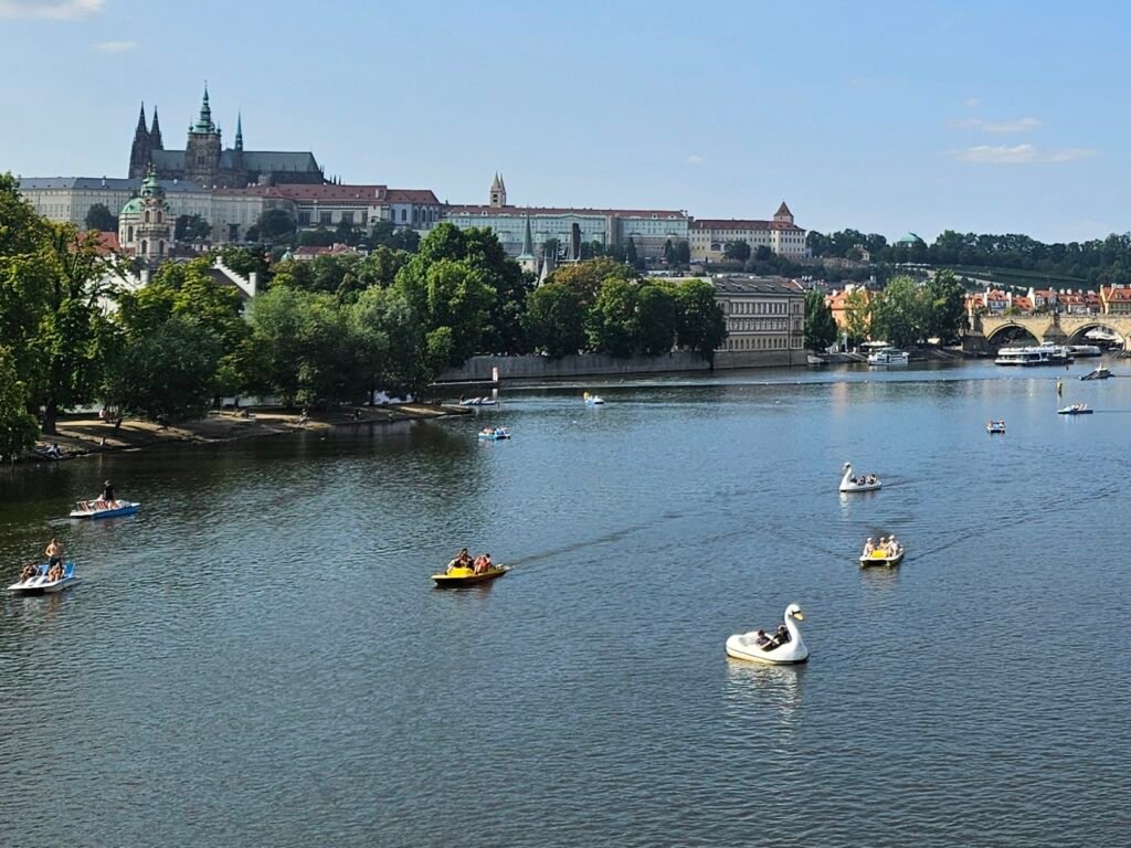 View of Prague Castle and St Vitus Cathedral across the Vltava River