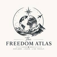 The Freedom Atlas logo - vintage globe, mountain, and compass illustration with tagline Explore. Learn. Live Freely.