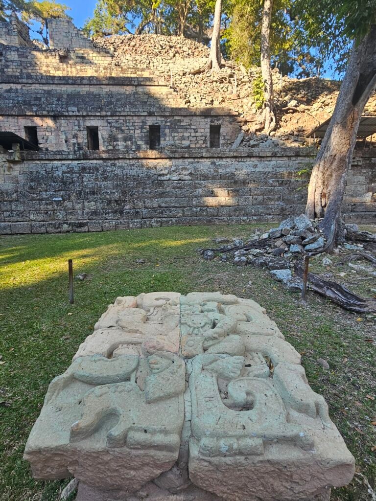 Carved Maya altar in front of a temple at the Copán archaeological site in Honduras