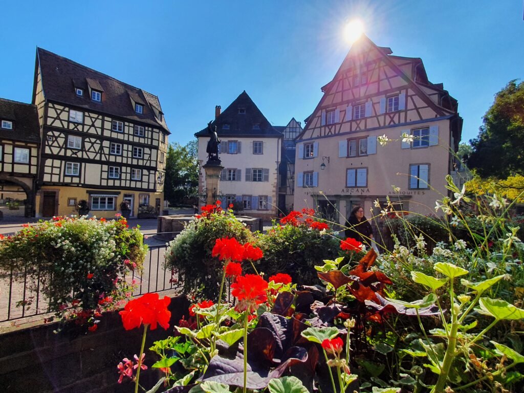 Half-timbered houses and red geraniums in a European old town