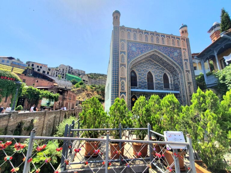 Blue mosaic facade of the Chreli Abano bathhouse in Tbilisi's Abanotubani district