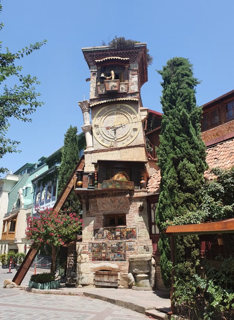 The leaning clock tower of the Gabriadze Theatre in Tbilisi old town